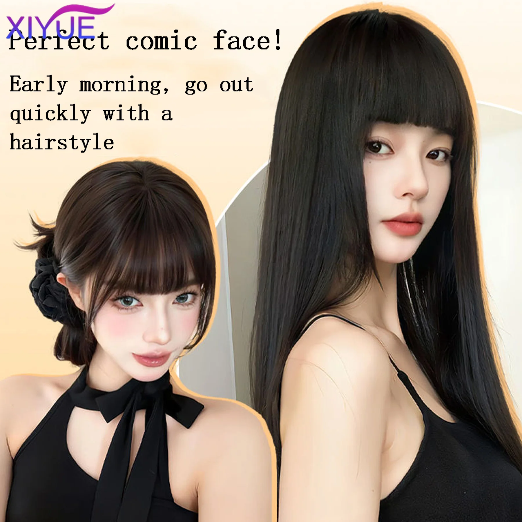 XIYUE Synthetic 60CM Korean Black Long Straight Hair Wig Synthetic Natural Long Straight Hair With Bangs Wig