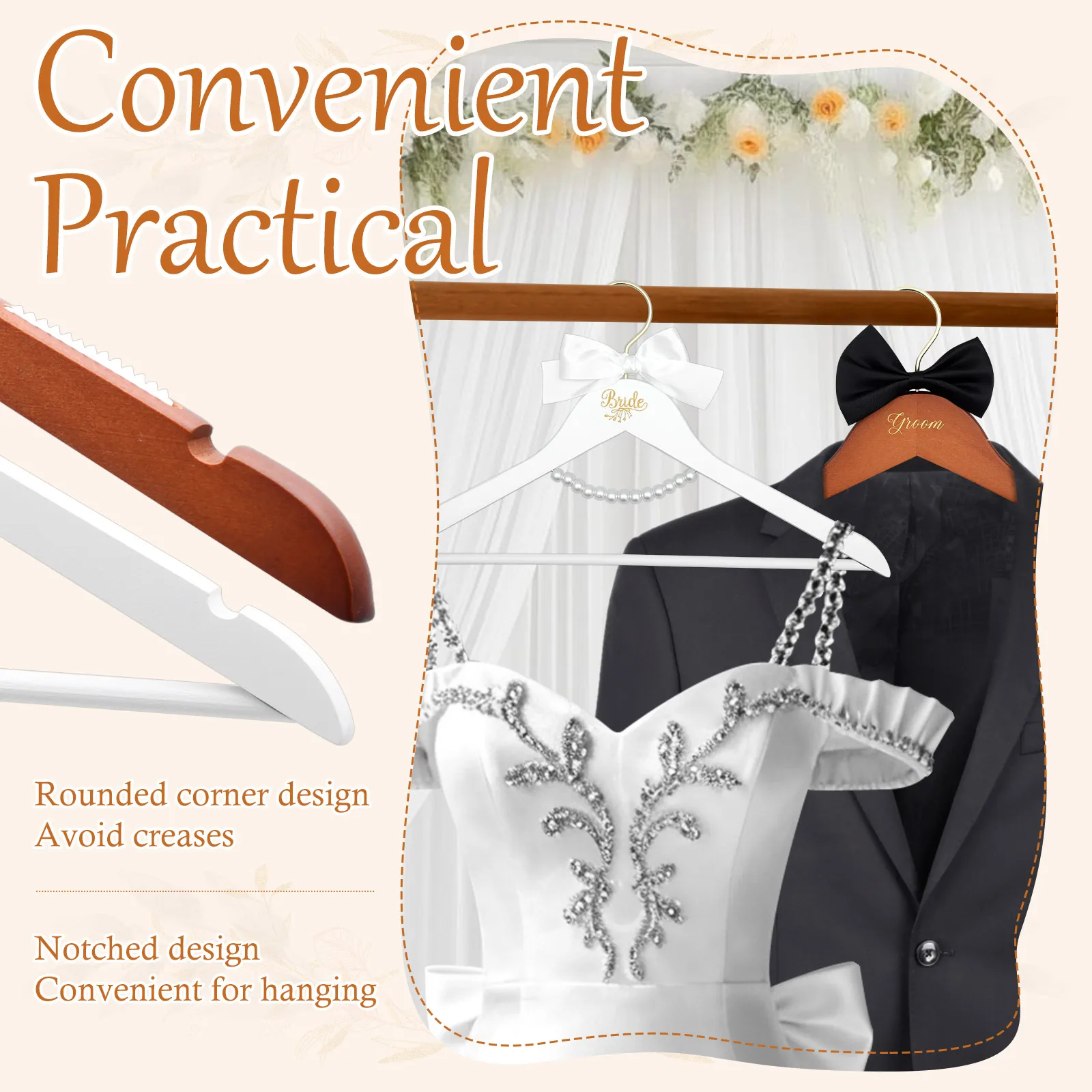 4Pcs Wood Hangers Wedding Dress Hanger with Bow Pearl Bride & Groom Gown Toast Dress Tuxedo Suit Anti Slip Hanger Clothing Rack