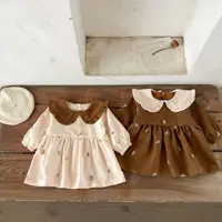 Ins Autumn Infant Baby Girl Dress Cotton Floral Print Long Sleeve Infant Girl Dress Contrast Turn Down Collar Toddler Girl Dress 2