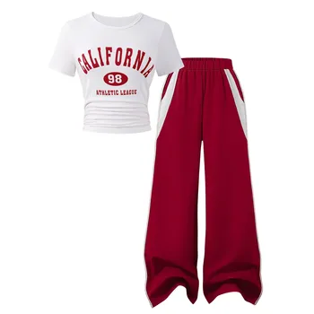 Completi per Ragazze Adolescenti, Set Casual Comodo e alla Moda per la Scuola, Top a Maniche Corte con Stampa e Pantaloni, Set Due Pezzi Verde Menta