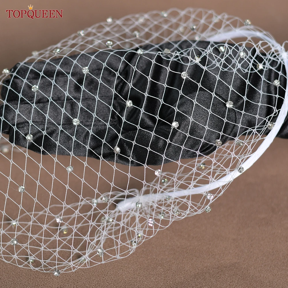 TOPQUEEN VA06 Birdcage Veil Russian Tulle Cage Veil Face with Diamond Bachelorette Party Accessories Handband Bridal Veils