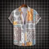 2025 Hawaiian Shirt Men Fashion Flower Geometric Printed Blouse Single-breasted Beach Short SleeveTops Men's Holiday Clothing 4
