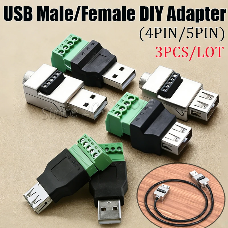 3 Stück/Set USB 2.0 lötfreier Adapter A-Typ Stecker/Buchse auf 4-Pin/5-Pin Schraubklemmen-Stecker, geeignet für DIY-Bausätze ohne Montage