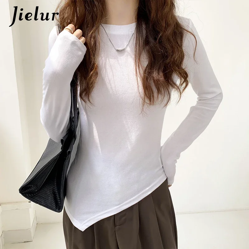 

Jielur Irregular Hem Cotton Long Sleeve T-shirts for Women Autumn New Bottoming Shirt White Gray Chic Slim Top Female T-shirt