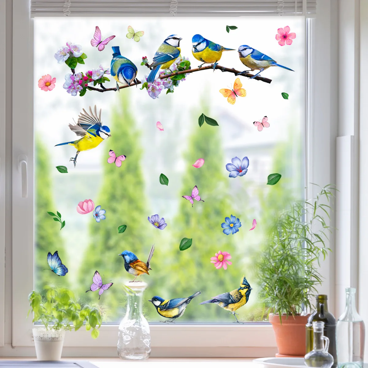 Birds Stickers Window Decor Vinyl Art Spring Flowers Glass Wall Decal for Home Bathroom Kids Room Decoration One Pieces Posters wall stickers window stickers