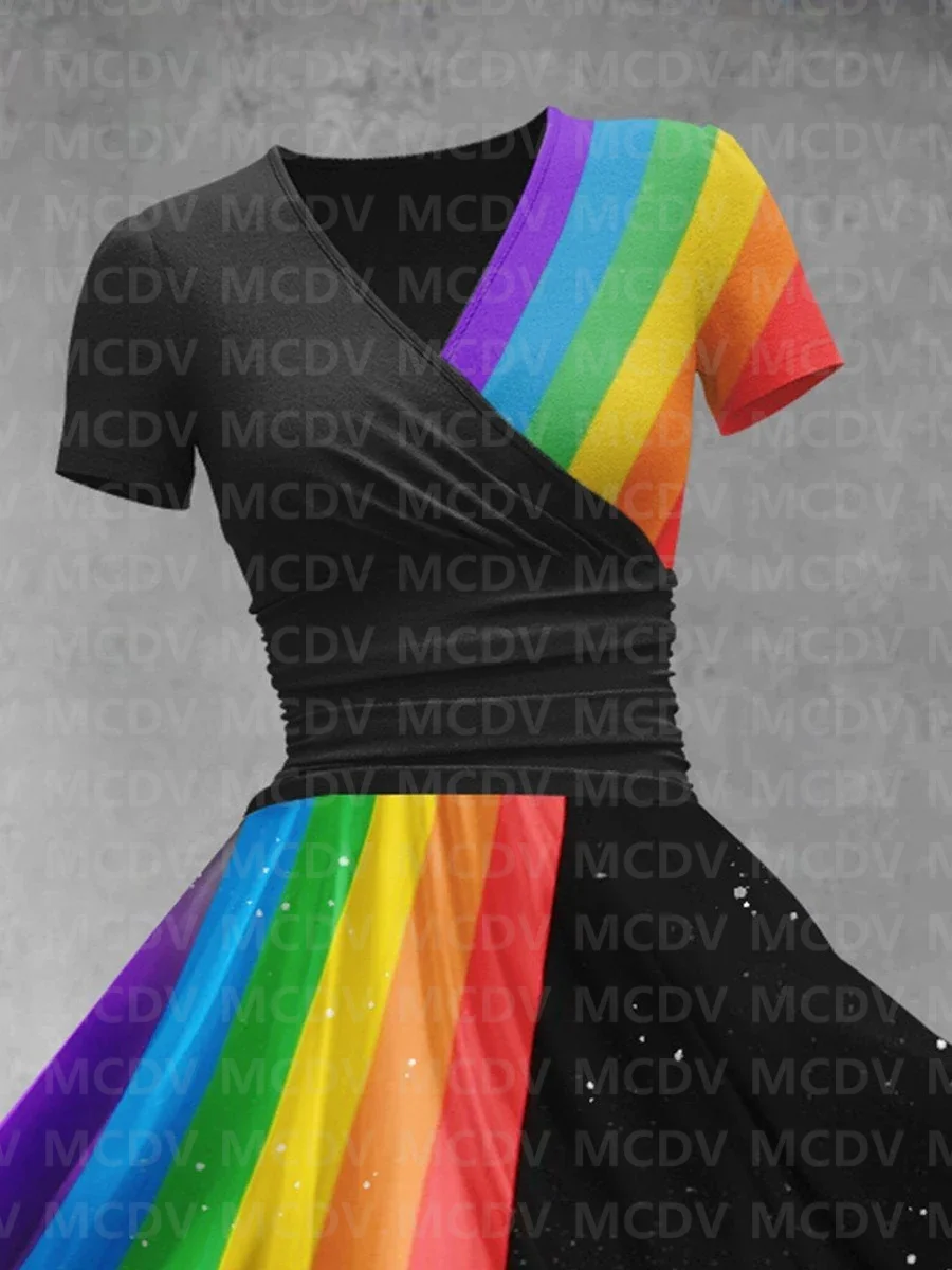 Women's Rainbow Collage Art Maxi Dress 3D Printed Sexy V-neck Dress Female Dresses