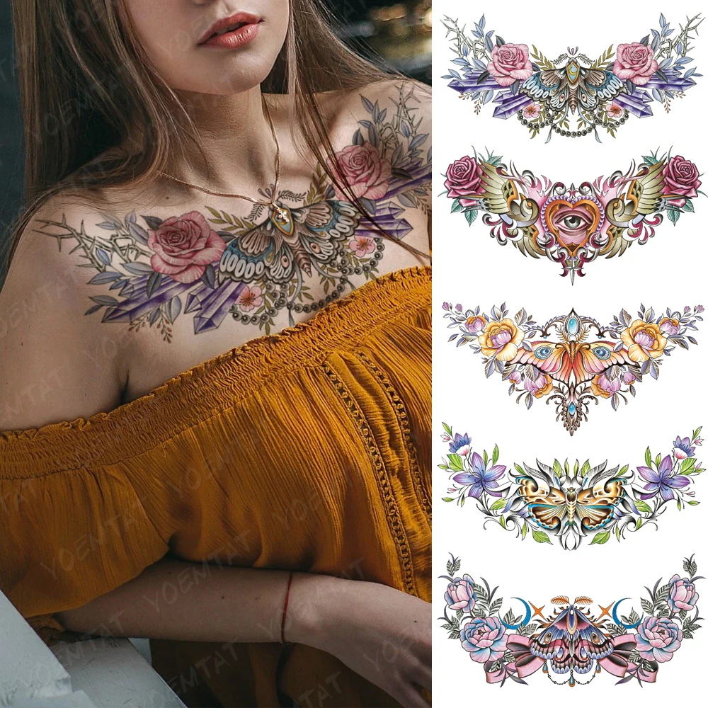 

Chest Tattoo Stickers Butterfly Rose Necklace Diamond Thorns Waterproof Temporary Fake Tatoo Waist Sexy Body Art Men Women Tato