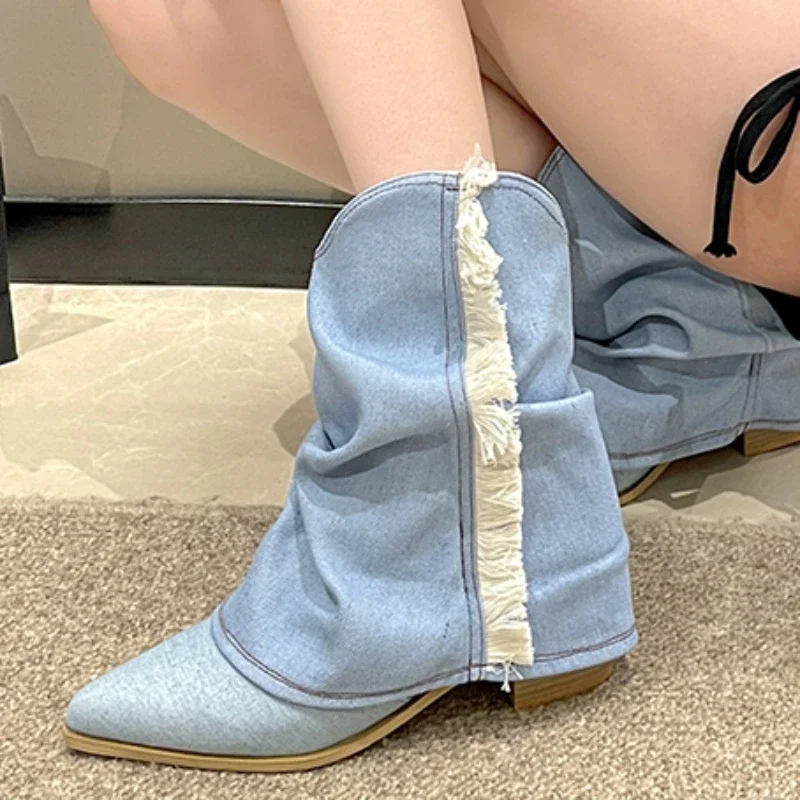 Autumn Chunky Heel Shoes for Women 2023 New Fashion Denim Fabric Women's Western Cowboy Boots Pionted Toe Ladies Mid Calf Boots