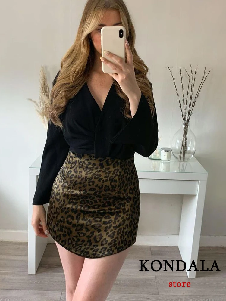 tartan skirt KONDALA 2022 Sexy Women Leopard Print Satin Mini Skirts High Waist Straight Bright Silk Vintage Skirts Fashion Mujer Faldas golf skirt