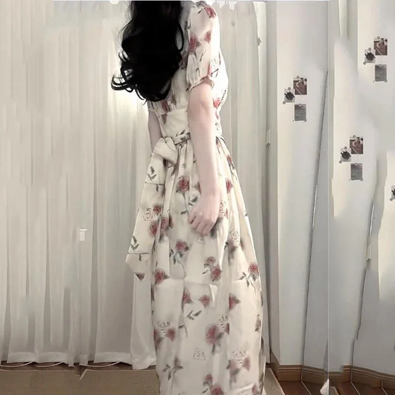 프랑스 프렌치 빈티지 여성 스타일 원피스, 허리 조임, 용수철 여름 원피스, 한국 패션 장미, 우아한 원피스, 2024 신상