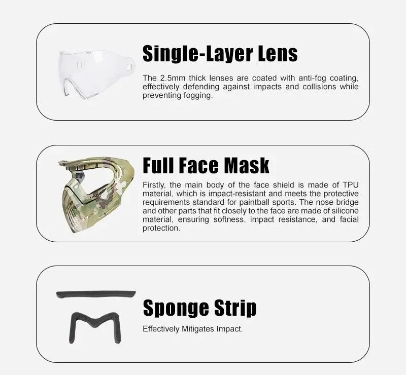 FMA Camouflage F1 Vollgesichtsmaske mit einlagiger Linse, Schutzbrille für Outdoor, Paintball – Detail 3