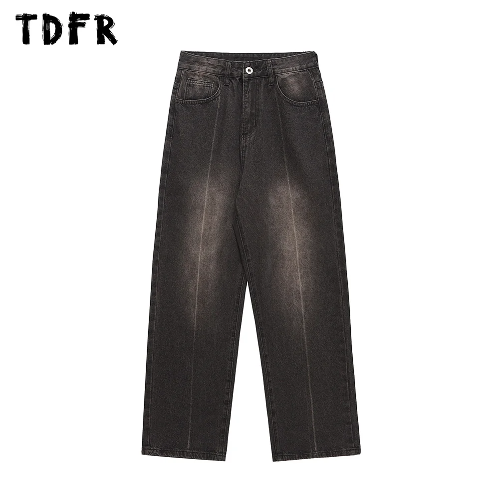 

Patchwork Washed Distressed Jeans Mens Casual Streetwear Loose Straight Wide Leg Denim Trousers Men