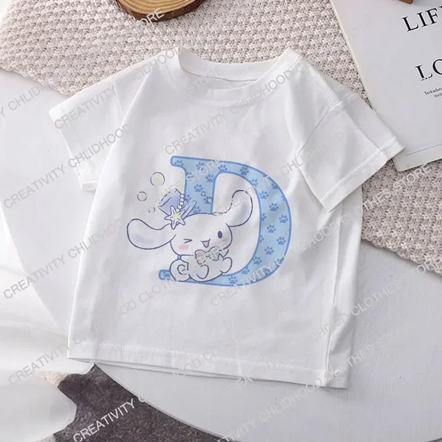 thumbnail image 1 of Camiseta infantil Cinnamoroll con combinación de letras y nombres, Sanrio Kawaii, ropa informal de dibujos animados, camisetas para niños y niñas, 1 of 5