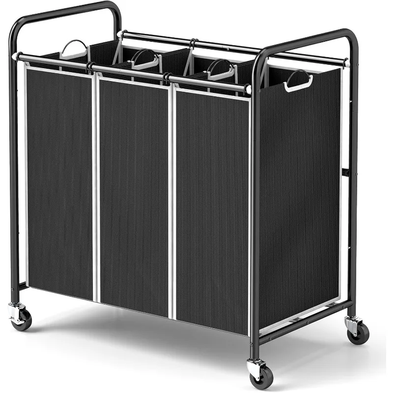 Laundry Sorter 3 Section, Separated Laundry Hamper Cart with Heavy Duty Lockable Wheels and Removable Bags, Rolling