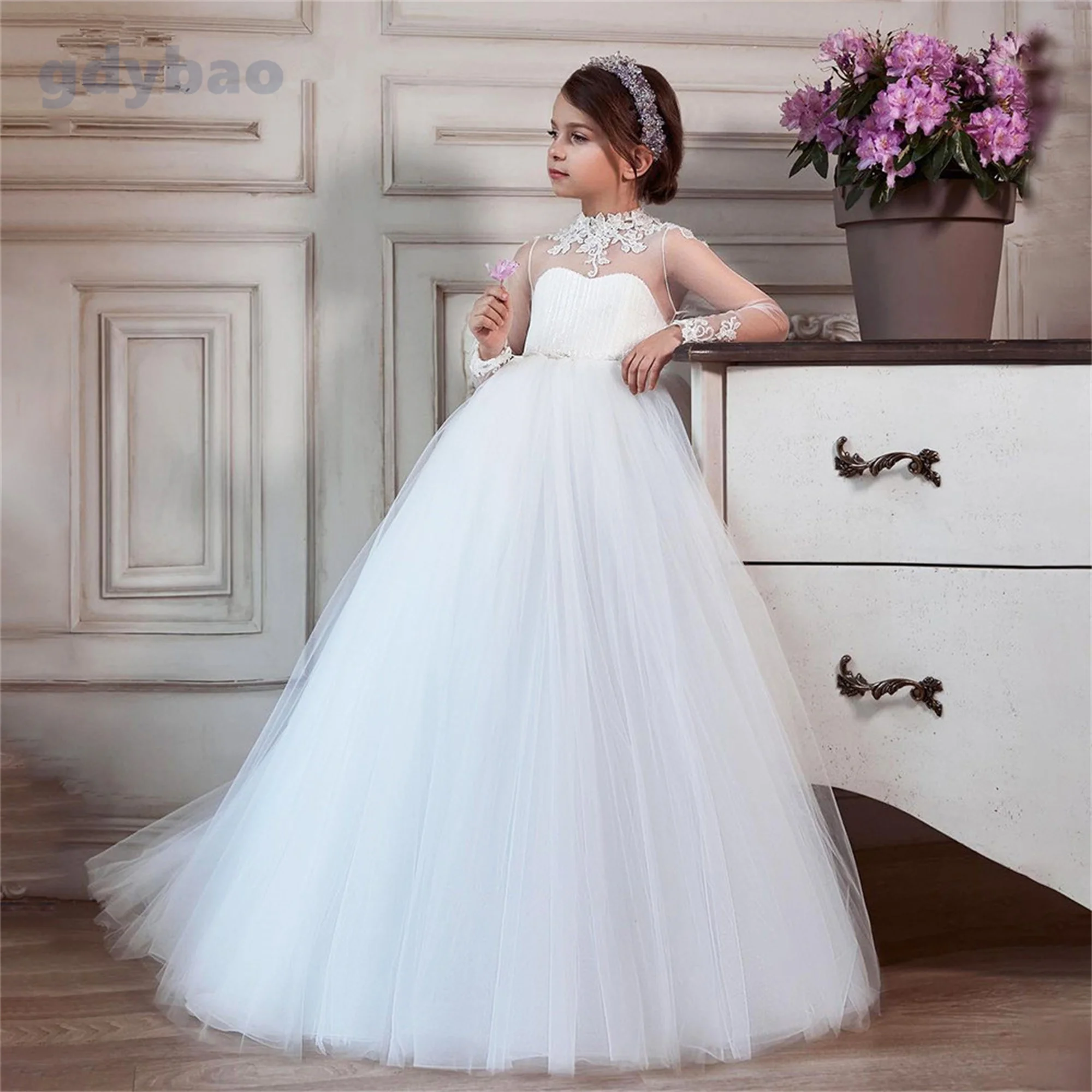 

White Elegant Illusion Applique Tulle Princess A Line Wedding Party Lace Kid Birthday Dress First Communion Gown Flower Girl Dre