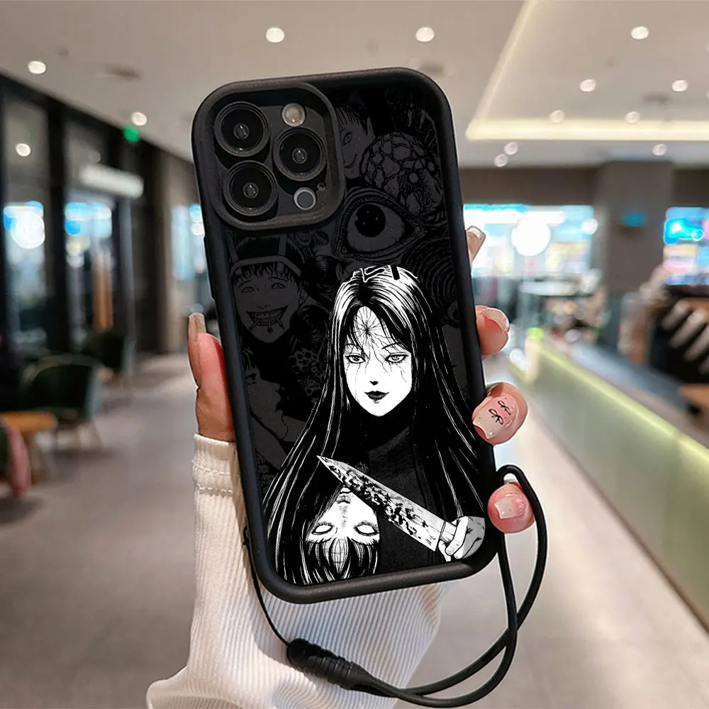 thumbnail image 1 of Junji Ito horror Hot Anime funda de teléfono para IPhone 15 14 13 12 11 Pro Max Mini XR XS 7 8 Plus funda trasera suave de TPU con correa de mano, 1 of 5
