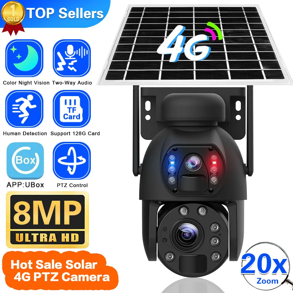 

4K 8MP 4G SIM Battery Camera With Solar Panel 20X Zoom Outdoor Wireless Smart Surveillance IP Camera Dual Lens PTZ Auto Tracking