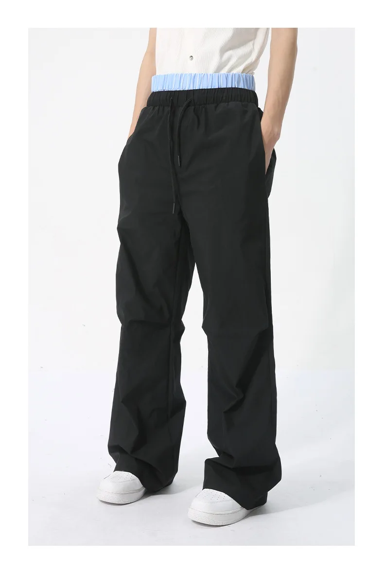 NOYMEI Fashion Niche Design Men Pants Causal Summer Layering Loose All-match Patchwork Contrast Color Drawstring Trousers WA4405