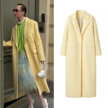 2024 Moda autunnale Versatile giallo oca Nuovo cappotto esteso in lana Abbigliamento da donna Amazon 1