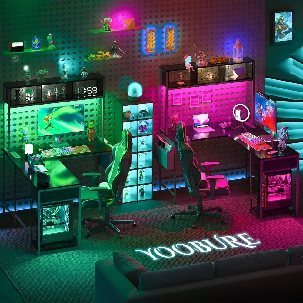 L Shaped Gaming Desk with LED Strip & Power Outlet, Storage Shelf & Drawer, Storage Bag, Reversible Corner ffice Computer Desk 5