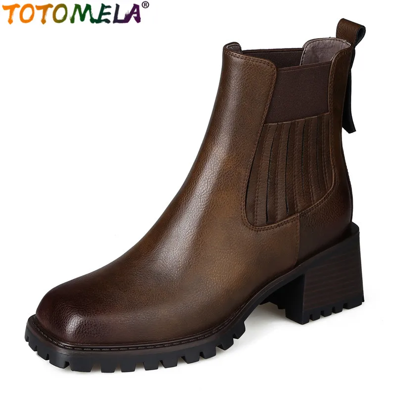 

TOTOMELA 2024 New Genuine Leather Chelsea Winter Boots Woman Retro Platform Ankle Boots Thick High Heels Dress Shoes