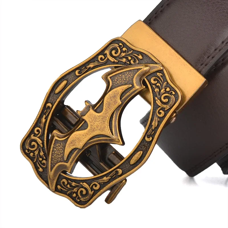 Men Leather Belt Vintage Bat Silver Gold Automatic Buckle Plus Size Big 130 140 150 160 170cm