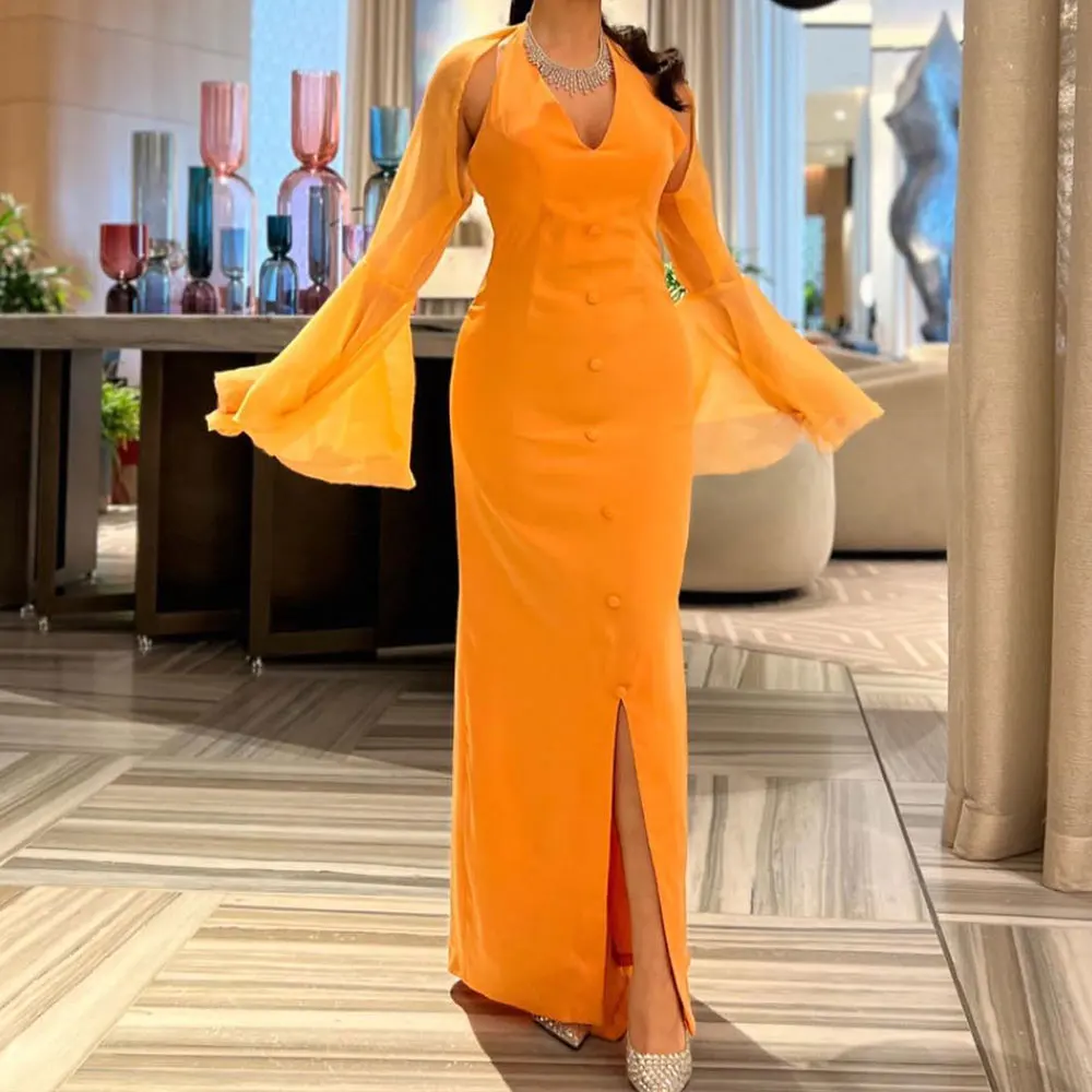 

Sheath Prom Dress Flare Long Sleeved Halter Neck Party Gown Saudi Arabian Women Front Slit Floor Length Dubai Evening Dresses