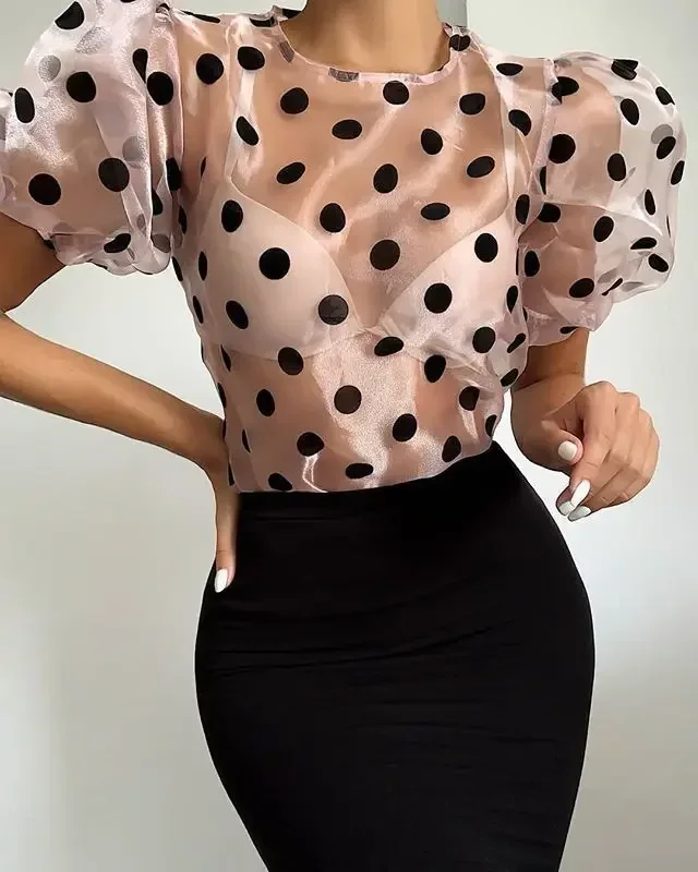 

2024 Summer Women's New Mesh Polka Dot Round Neck Pullover Short Sleeve Chiffon Shirt Blouses Plus Size 3XS-10XL 9XL 8XL 7XL