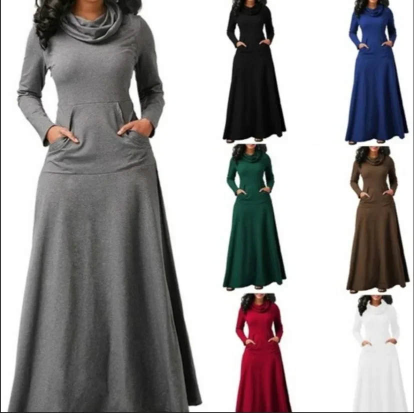

Elegant Dresses for Women Dresses Bohemia Long Sleeve Dresses Turtleneck Pile Collar Big Pocket Hem Party Long Dresses Female