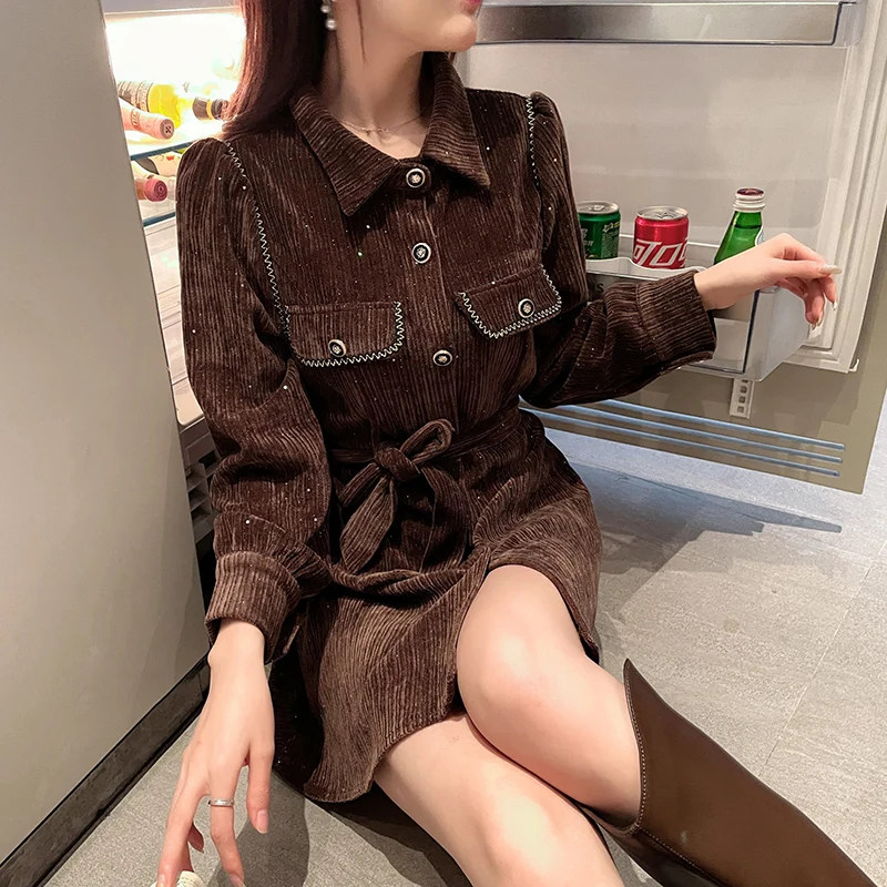 

Women's Autumn Vintage Casual Lapel Pit Stripe Shirt Dress Hepburn Wind Pit Stripe Belt Pocket Shirt Dress Mini Dress for Women