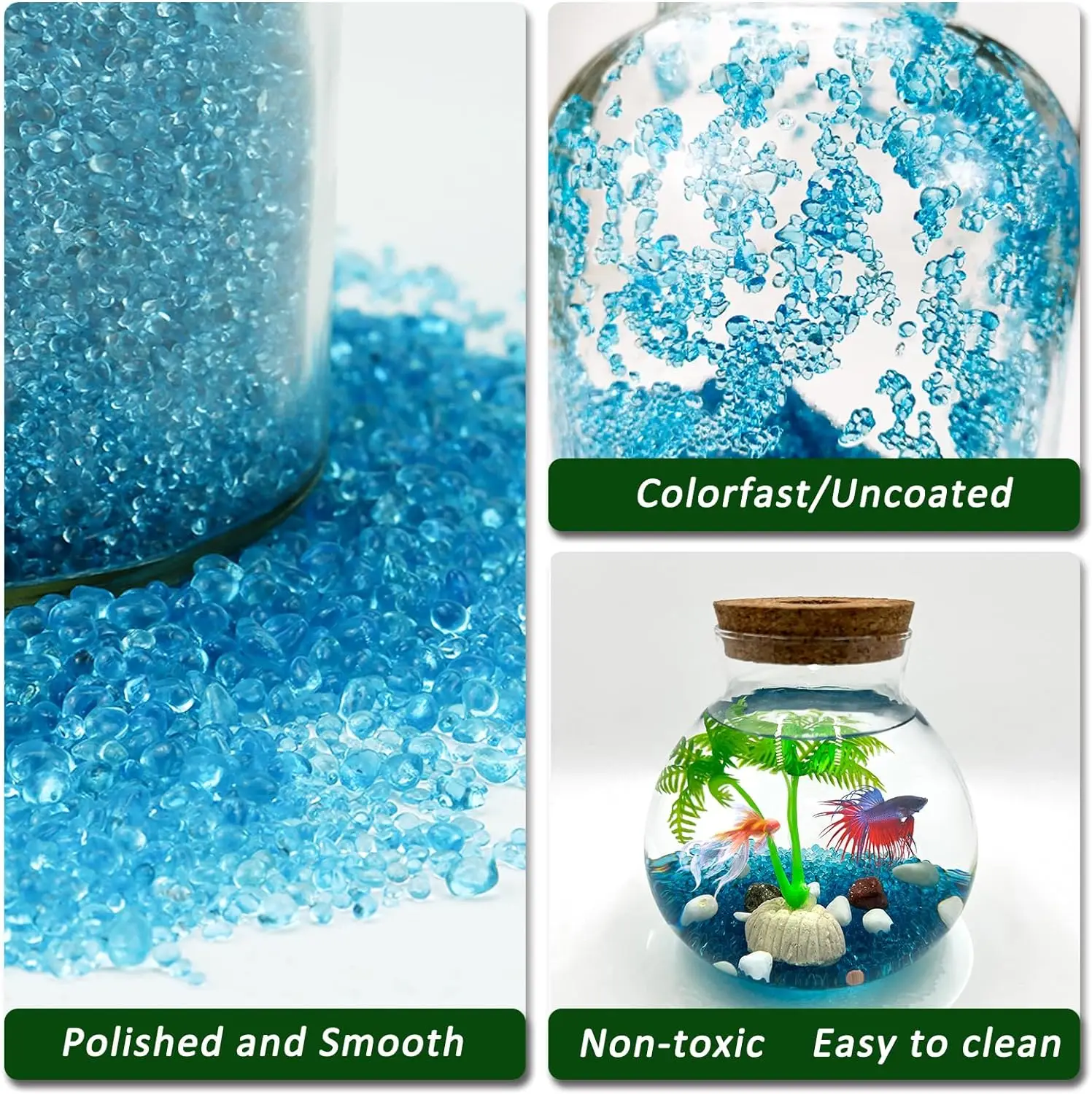 1.1 Lbs Small Aquarium Substrate Gravel Sand, Polished Smooth Fish Tank Gravel, Colorfast Uncoated Vibrant Blue Sea Glass