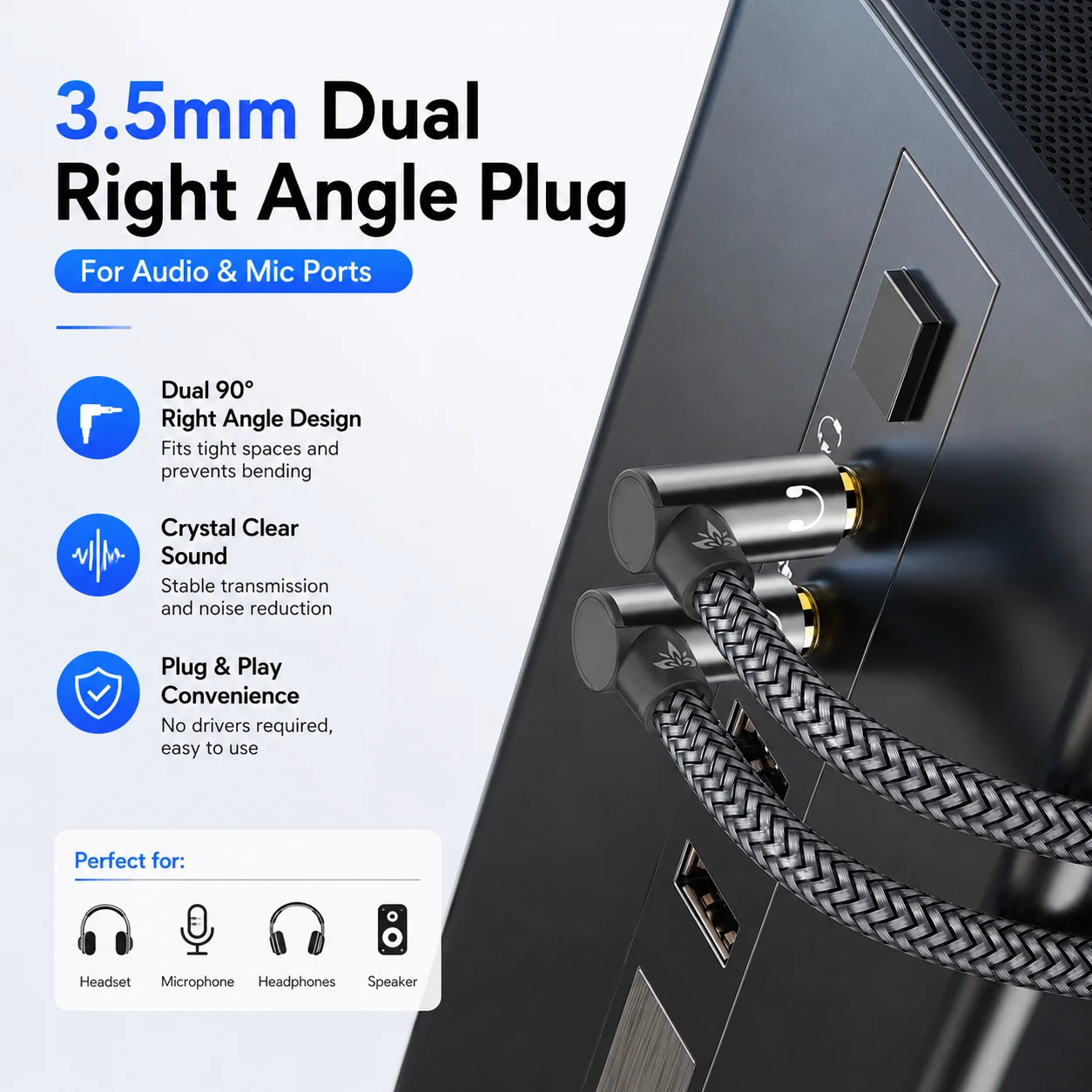 Dual Right Angle 3.5mm Audio Adapter – Stereo AUX Jack Extender for Headphones, Car, Speaker, and Phone