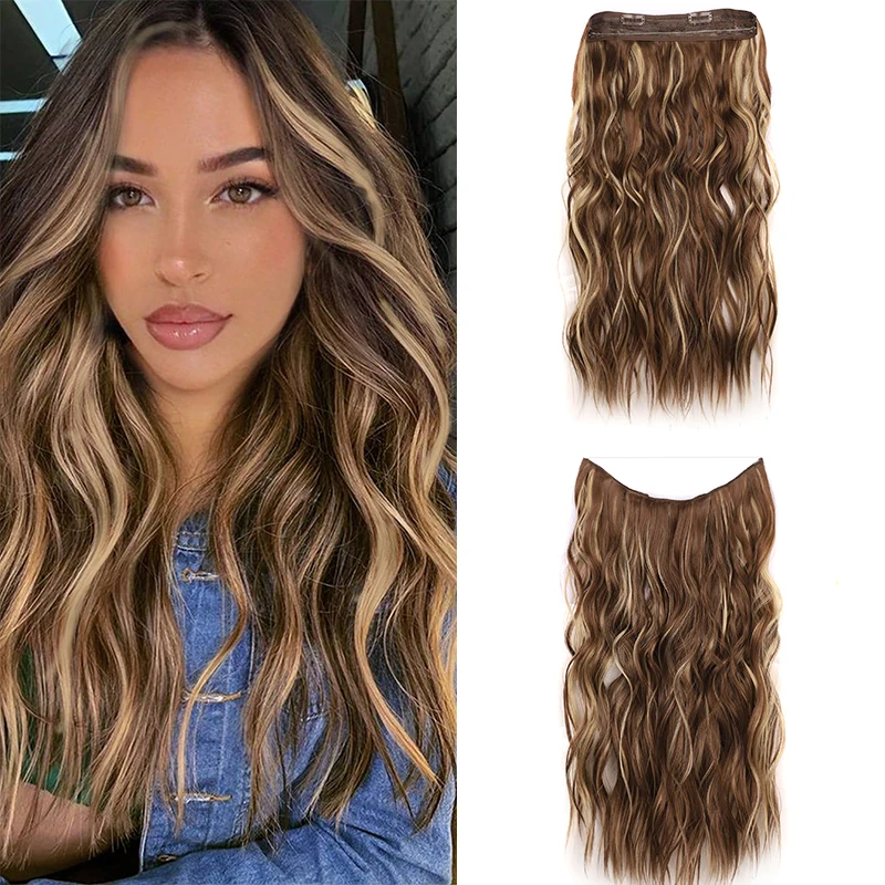 

22inch Long Wavy Invisible Fish Line Clip in Hair Extensions Synthetic Ombre Blonde Wavy Adjustable Hair Extension for Women