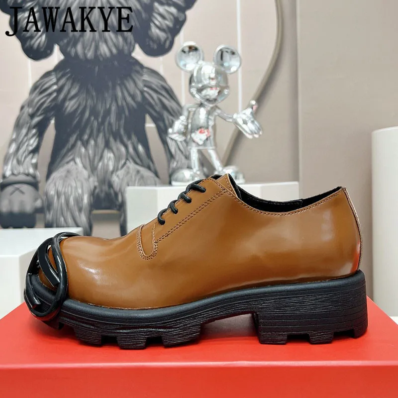 

NEW Spring Autumn Women Oxfords Flat Platform Derby Shoes Genuine Leather Metal Toe Women Chunky Sole Designer Loafers Shoes