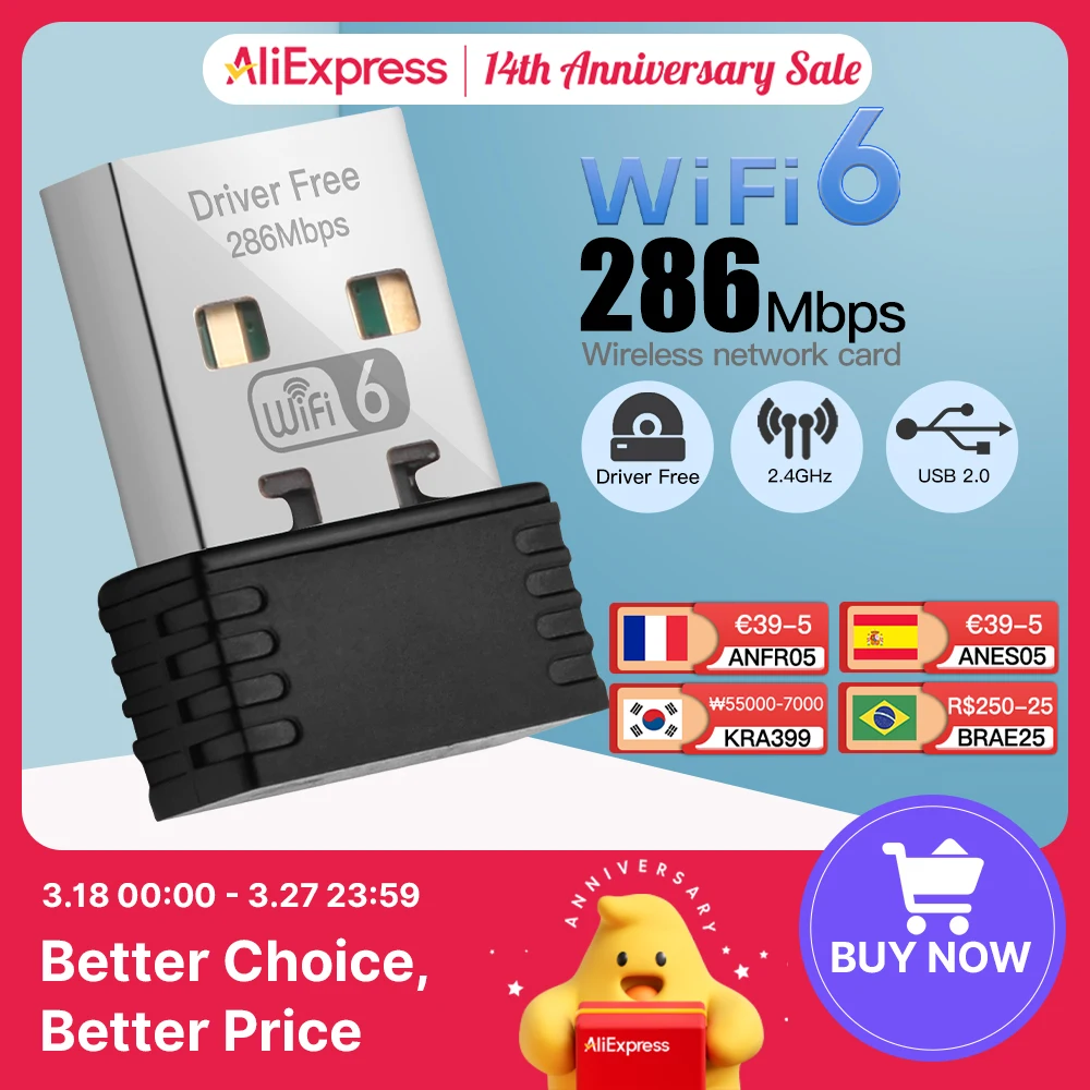 Wifi 6 Usb Dongle Ax286 2.4Ghz Mini Usb Wifi Card Adapter Ricevitore Di Rete Wireless Per Pc/Laptop Per Windows7/10/11 Driver Gratuito