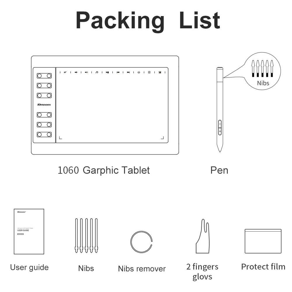 Tablet de desenho digital, 8192 níveis, caneta e luva sem bateria