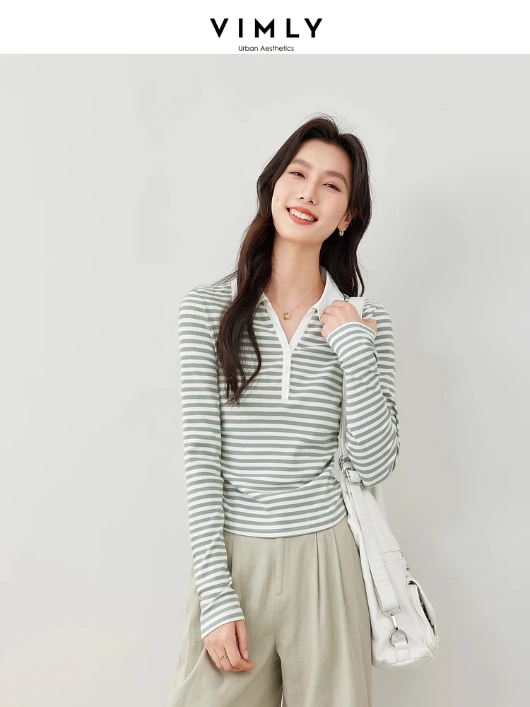 

Vimly Green White Striped Polo Collar Knitted Women's Top 2024 Spring Side Pleated Cotton V-neck Pullovers Woman Knitwear M6826