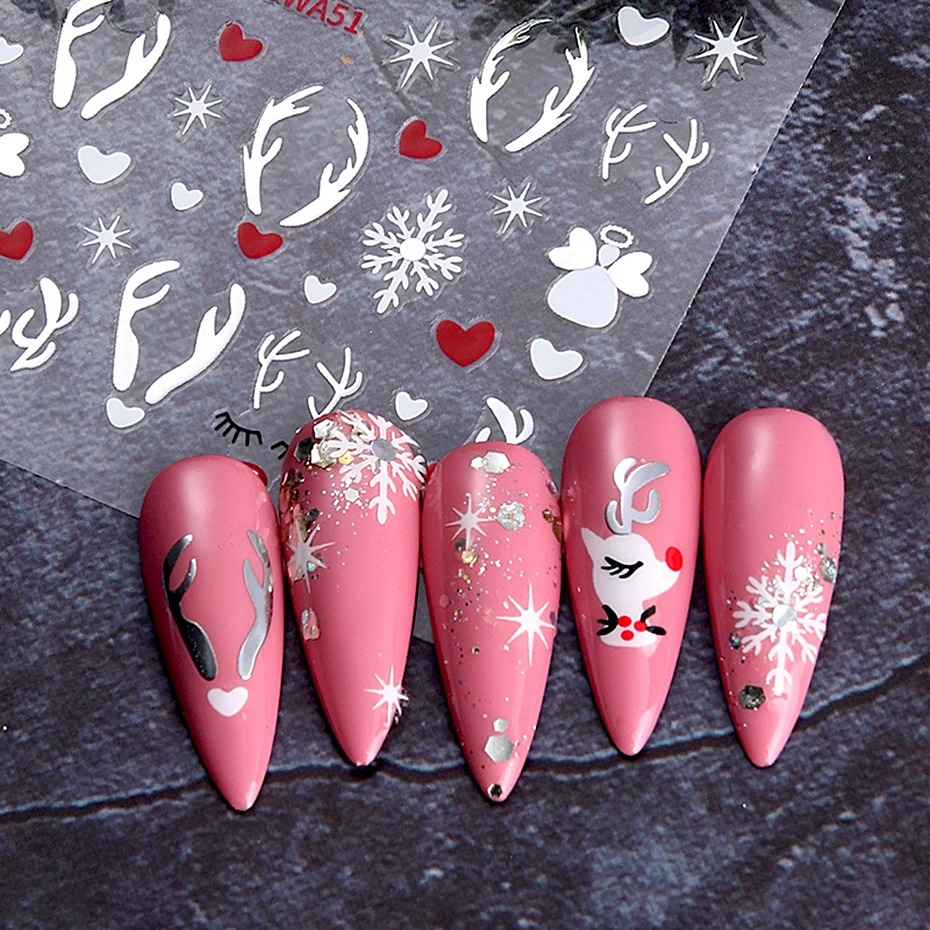 2pcs 3D Gold Silver Elk Nail Art Stickers Cartoon Christmas Snowflakes Decal DIY Star Heart Nail Art Manicure Decoration Decals