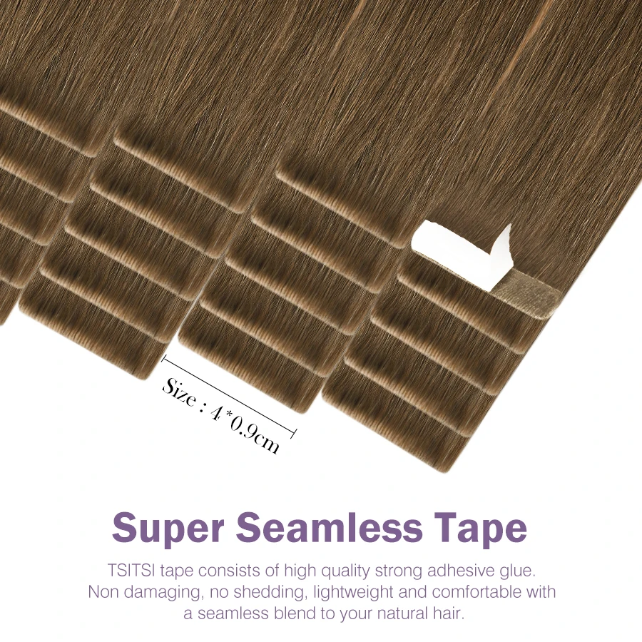 TSITSI Seamless Hand Tied Tape Ins Human Hair High Quality Remy Hair Purely Handmade Invisible PU Skin Weft Tape 20Pcs