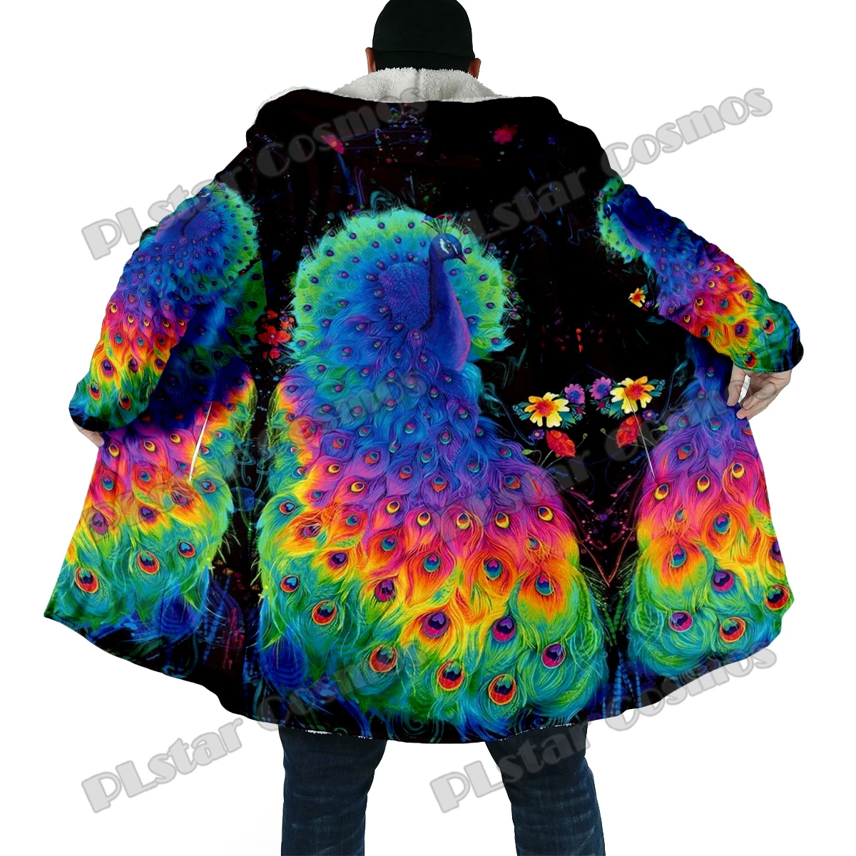 Winter Fashion Men's cloak Peacock And Flowers 3D All Over Printed Thick Fleece Hooded Cloak Unisex Casual Warm Cape Coat DP41