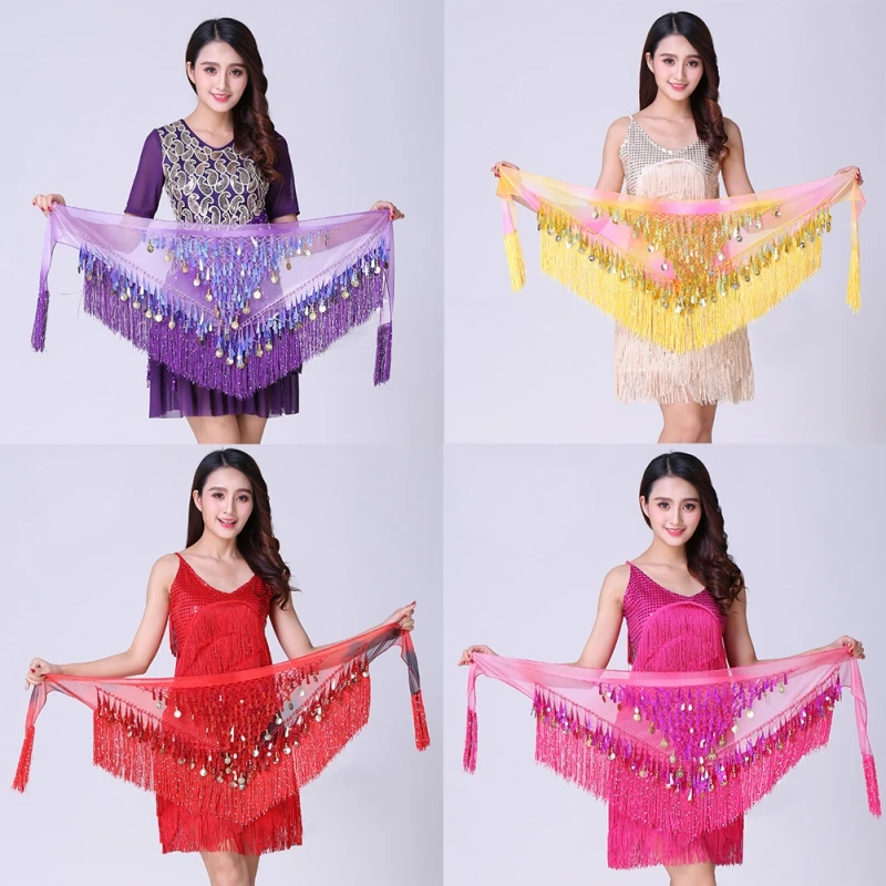 Belly Dance Hip Skirt Scarf For Wrap Waist Belt Bling Golden Coin Sequins Tassels Accessories Chiffon Fringe Scarf Waist Chain