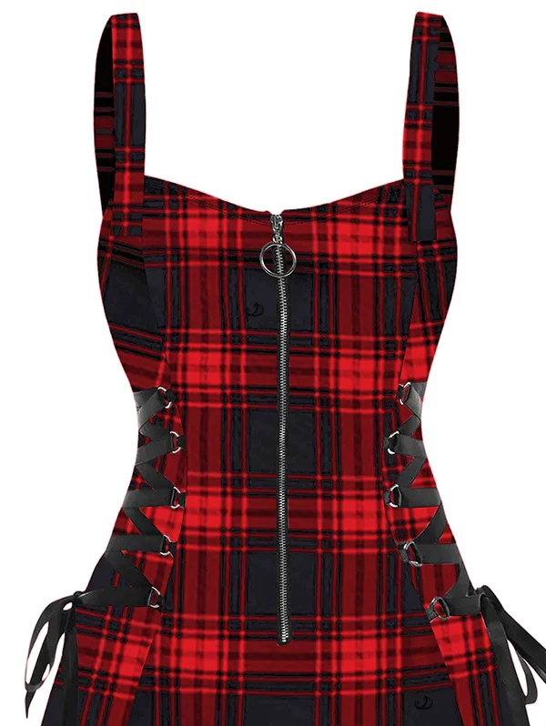 Dressfo 2025 Women's Summer Dresses Retro Plaid Print Lace Up Dress O Ring Half Zipper Adjustable Buckle Strap Sleeveless Dress Sf4e4c488983e499080f3b7bf4382f389r