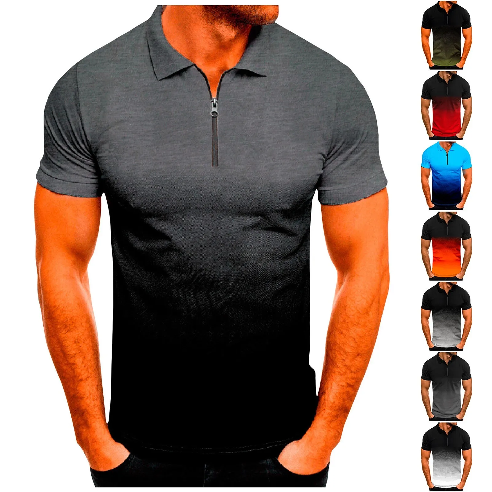 Men'S Summer New Polo Shirt Gradient Color Lapel Zipper Short Sleeve Shirts Casual Outdoor Sports All-Match Slim Fit Shirts