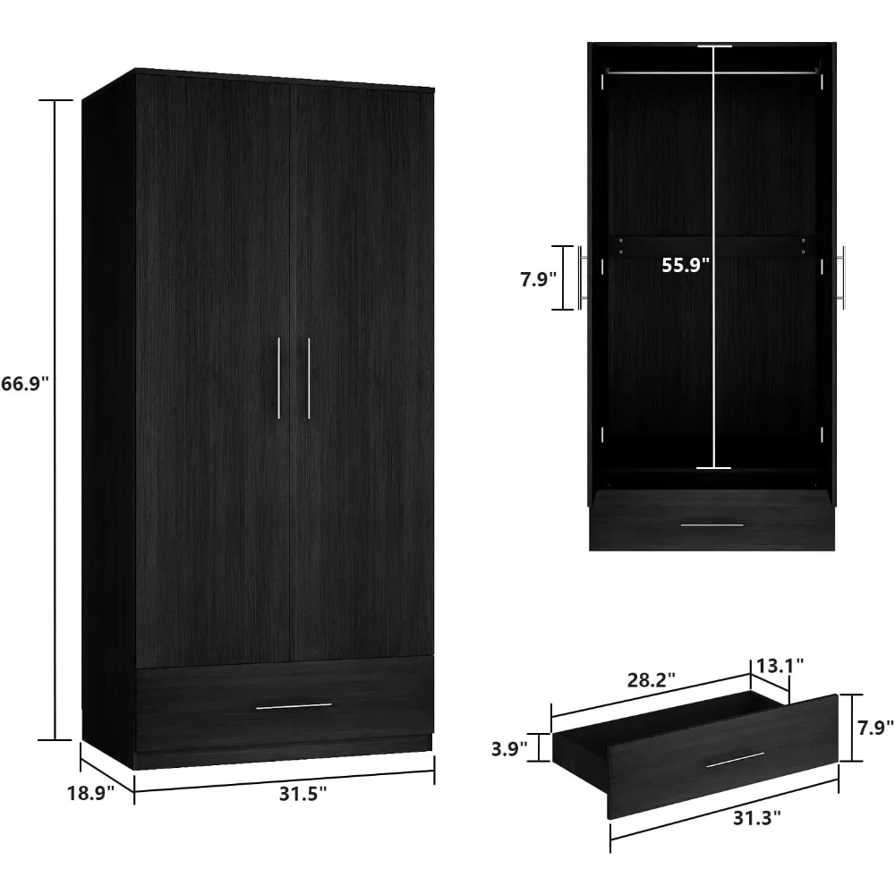 2 Doors Wardrobe Armoire with Drawer, Freestanding Armoire Wardrobe Closet with Hanging Rod, Wood Clothes Storage Cabinet 2