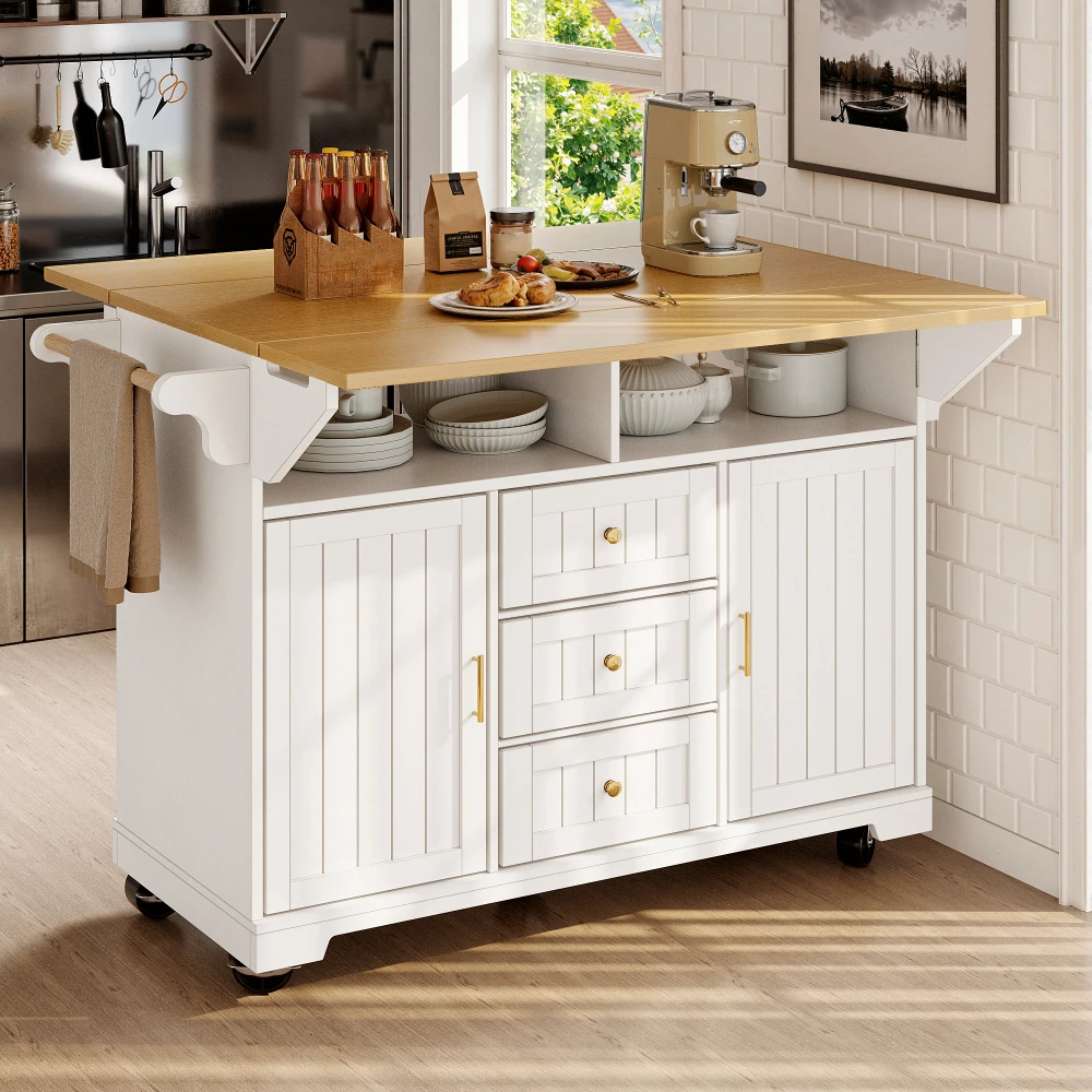 120 x 40 (80) x 95 cm Kücheninsel- und Buffetschrank – rollender doppelseitiger ausziehbarer Trolley, Türen + Schubladen, Handtuchhalter und Gewürzregal – Detail 26