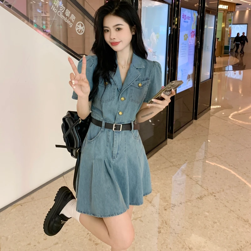 

2023 Summer New Women's Dress Retro Slim Short Sweet Spicy Pleated Polo Neck Denim Free Shipping
