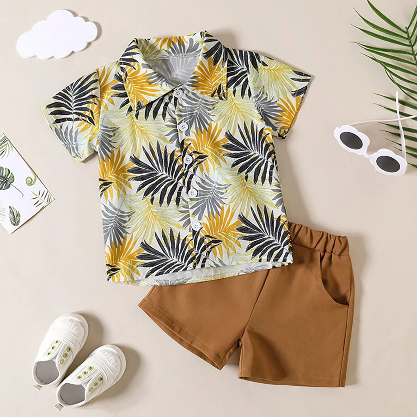 

Beach Suits Toddler Boys Short Sleeve Tree Cartoon Print Top And Solid Color Shorts Boys Vacation Style Summer Outfits