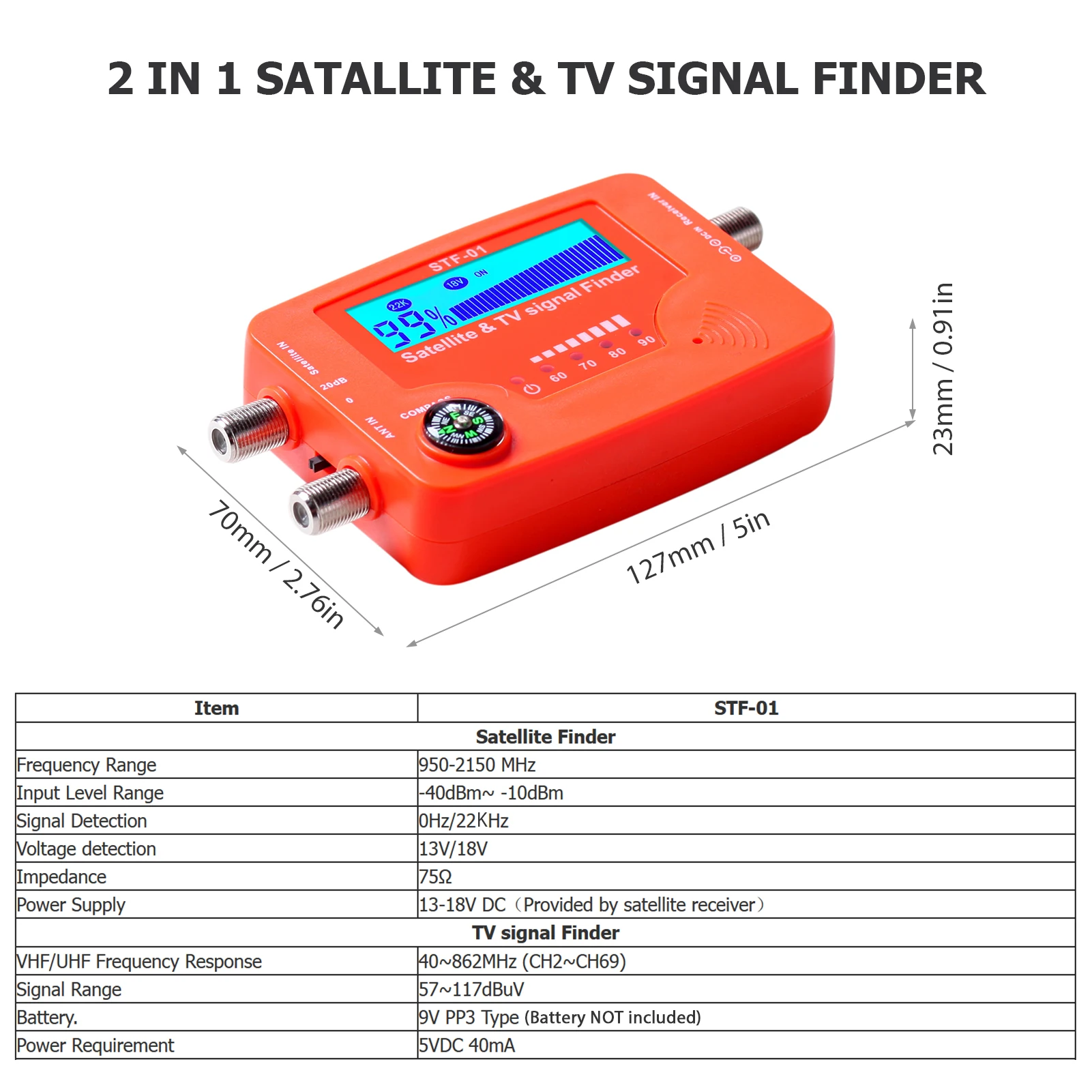 Dual-Function Portable TV and Satellite Signal Strength Meter with Compass and Alarm Buzzer