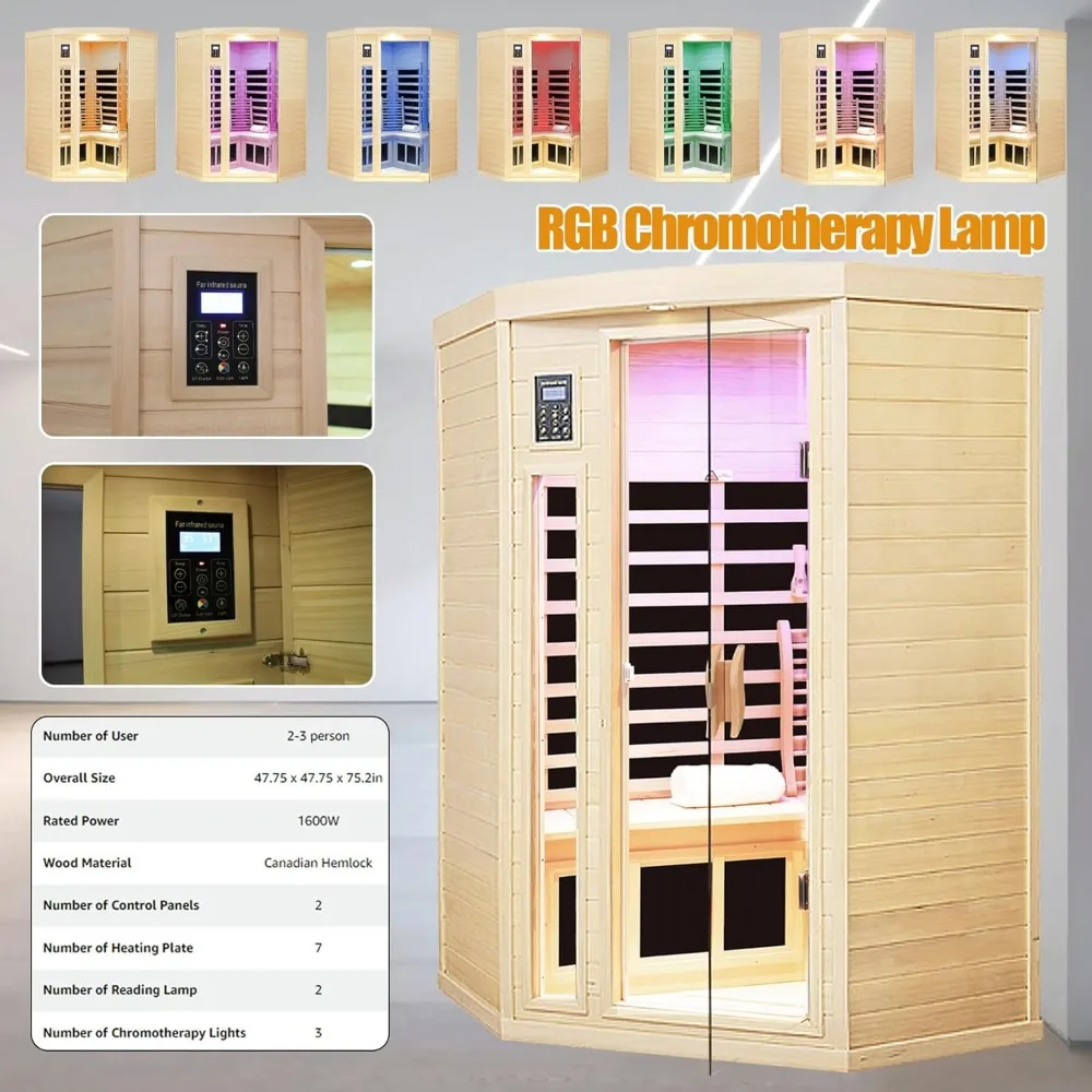 Far Infrared Wooden Sauna Room, 2-3 Person Home Sauna, Canadian Hemlock Indoor Corner Sauna Spa, 7 Low EMF Heaters, 2 Bluetooth 5