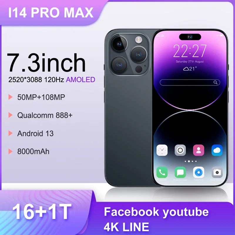 2023 Global Version i14 Pro Max 5G Smartphone 16G+1TB 7.3 inch Cellular  8000mAh Phone 5G Network 50MP Unlocked Dual SIM Phone